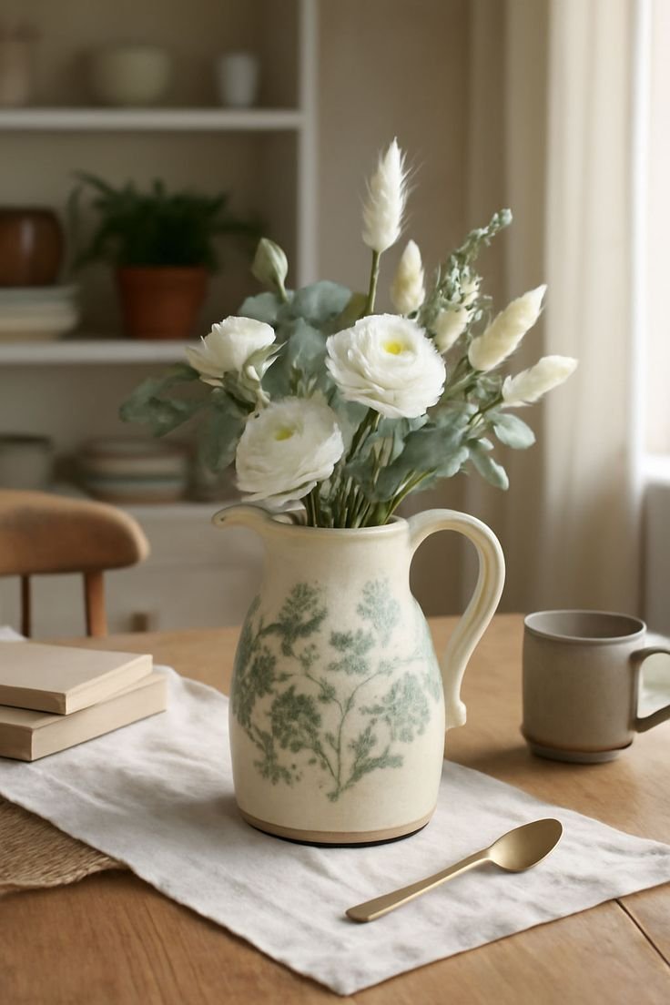 A Ceramic Pitcher Filled With Greenery