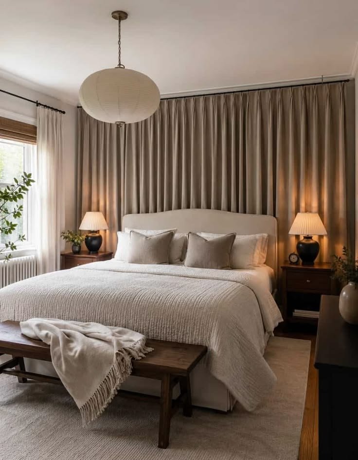 Hang Curtains Behind the Bed for a Soft Headboard Wall