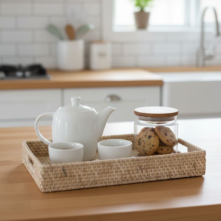 A Wooden Tray With Three Everyday Objects